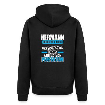 HERMANN - Gott Geschenk - Unisex Premium Bio Zip Hoodie - Schwarz - Hinten - Nico (187cm)