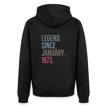 Legende seit Januar 1973 - Unisex Premium Bio Zip Hoodie - Schwarz - Hinten - Nico (187cm)
