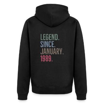 Legende seit Januar 1989 - Unisex Premium Bio Zip Hoodie - Schwarz - Hinten - Nico (187cm)