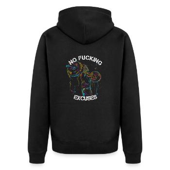 NO FUCKING EXCUSES Gym Trainig Bodybuilding - Unisex Premium Bio Zip Hoodie - Schwarz - Hinten - Nico (187cm)