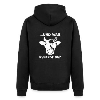 Was kuhckst du? Lustiger Kuh Spruch für Landwirte - Unisex Premium Bio Zip Hoodie - Schwarz - Hinten - Nico (187cm)