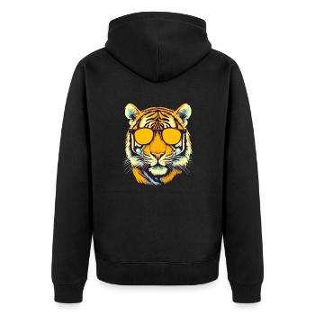 Tigy, der bebrillte Tiger - Unisex Premium Bio Zip Hoodie - Schwarz - Hinten - Nico (187cm)