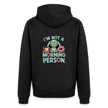 Ich bin kein Morgenmensch, ein Außerirdischer - Unisex Premium Bio Zip Hoodie - Schwarz - Hinten - Nico (187cm)