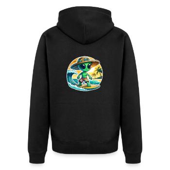 Lustiges kleines Alien auf Surfboard - Unisex Premium Bio Zip Hoodie - Schwarz - Hinten - Nico (187cm)