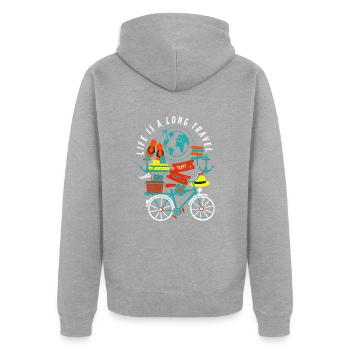 "LIFE IS A LONG TRAVEL" Vêtements et Accessoires - Veste à capuche bio Premium Unisexe - gris chiné - Dos - Nico (187cm)