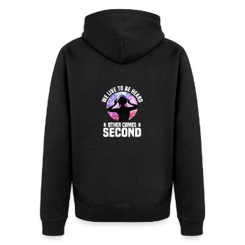 WE LIVE TO BE HEARD, WIR LEBEN UM GEHÖRT ZU WERDEN - Unisex Premium Bio Zip Hoodie - Schwarz - Hinten - Nico (187cm)