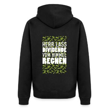HERR LASS DIVIDENDE VOM HIMMEL REGNEN Aktien - Unisex Premium Bio Zip Hoodie - Schwarz - Hinten - Nico (187cm)