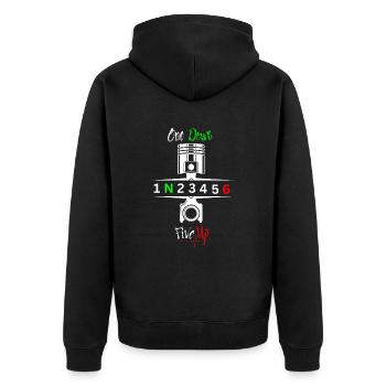 Motorrad Gänge Schaltung 1N23456 - Unisex Premium Bio Zip Hoodie - Schwarz - Hinten - Nico (187cm)