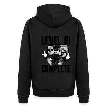 Level 21 Complete Geburtstagsgeschenk 21 Jahre - Unisex Premium Bio Zip Hoodie - Schwarz - Hinten - Nico (187cm)
