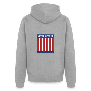 Never give up - Unisex Premium Bio Zip Hoodie - Grau meliert - Hinten - Nico (187cm)
