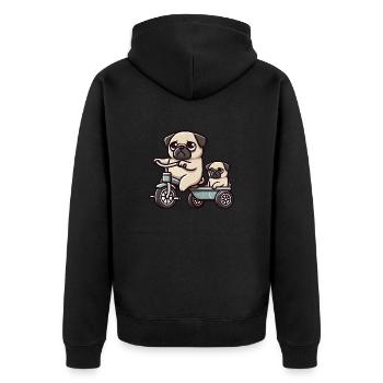 Mops auf Dreirad Anhänger Freundschaft Lustig - Unisex Premium Bio Zip Hoodie - Schwarz - Hinten - Nico (187cm)