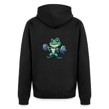 Cooler Frosch Barbell Gewichtheber Cartoon Fitness - Unisex Premium Bio Zip Hoodie - Schwarz - Hinten - Nico (187cm)