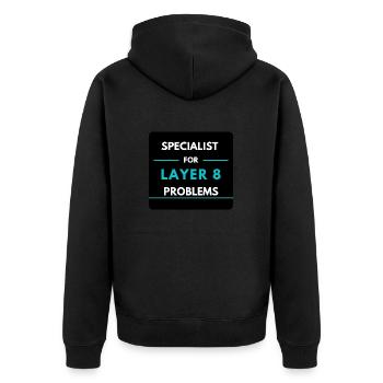 Specialist für Layer 8 Probleme (Blau) - Unisex Premium Bio Zip Hoodie - Schwarz - Hinten - Nico (187cm)