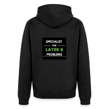 Specialist für Layer 8 Probleme (Grün) - Unisex Premium Bio Zip Hoodie - Schwarz - Hinten - Nico (187cm)