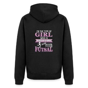 Futsal Makes Me Happy Confident Female Player - Unisex Premium Organic Zip Hoodie - black - Back - Nico (187cm)