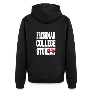 Freshman First Year College Life Starter - Unisex Premium Organic Zip Hoodie - black - Back - Nico (187cm)