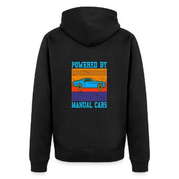Powered by Manual Cars Retro Driving Style - Unisex Premium Bio Zip Hoodie - Schwarz - Hinten - Nico (187cm)