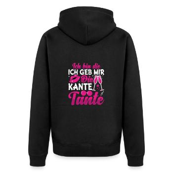 Ich bin die Kante Tante Party Feiern Geschenk - Unisex Premium Bio Zip Hoodie - Schwarz - Hinten - Nico (187cm)