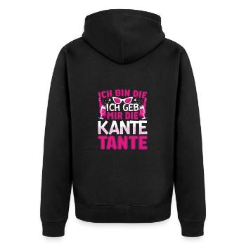 Ich bin die ich geb mir die Kante Tante Feiern - Unisex Premium Bio Zip Hoodie - Schwarz - Hinten - Nico (187cm)