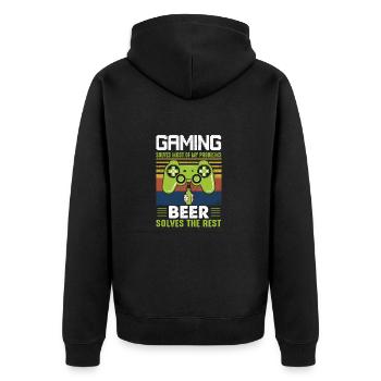 Gamer Bier Zocker - Unisex Premium Bio Zip Hoodie - Schwarz - Hinten - Nico (187cm)