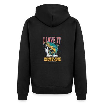 Angeln I Love It When She Bend Over Angler - Unisex Premium Bio Zip Hoodie - Schwarz - Hinten - Nico (187cm)