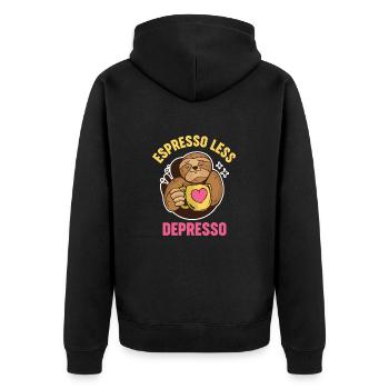 Espresso Weniger Depresso Depressed Kaffee - Unisex Premium Bio Zip Hoodie - Schwarz - Hinten - Nico (187cm)
