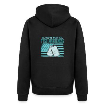 Im Juni tragen wir blaugrünes PTBS-Bewusstsein - Unisex Premium Bio Zip Hoodie - Schwarz - Hinten - Nico (187cm)