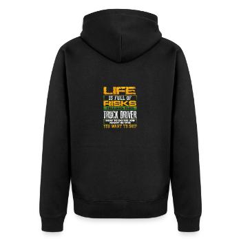 Trucker Geschenk Leben voller Risiken Telling Truck - Unisex Premium Bio Zip Hoodie - Schwarz - Hinten - Nico (187cm)
