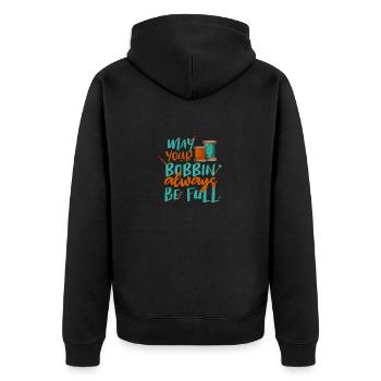 Näherin Geschenk Möge Ihre Spule immer voll sein - Unisex Premium Bio Zip Hoodie - Schwarz - Hinten - Nico (187cm)