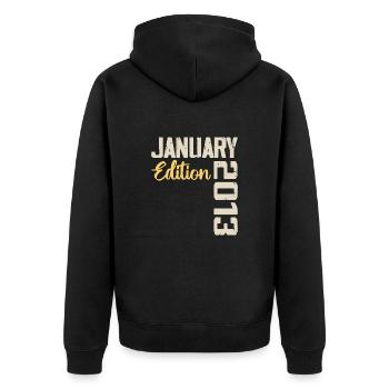 Geburtstagsgeschenk geboren im Januar 2013 - 2013 - Unisex Premium Bio Zip Hoodie - Schwarz - Hinten - Nico (187cm)