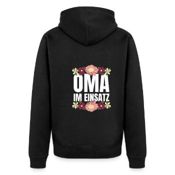 Oma im Einsatz - Unisex Premium Bio Zip Hoodie - Schwarz - Hinten - Nico (187cm)