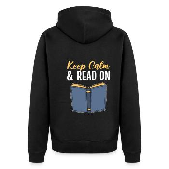 Keep Calm & Read On Bibliophile - Unisex Premium Bio Zip Hoodie - Schwarz - Hinten - Nico (187cm)