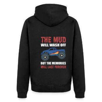 The Mud Will Wash Off But The Memories Will Last - Unisex Premium Organic Zip Hoodie - black - Back - Nico (187cm)
