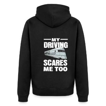 My Driving Scares Me Too Zugführer - Unisex Premium Bio Zip Hoodie - Schwarz - Hinten - Nico (187cm)