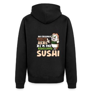 Funny Unhappy Sushi Japanese food Miso-Unhappy - Unisex Premium Bio Zip Hoodie - Schwarz - Hinten - Nico (187cm)