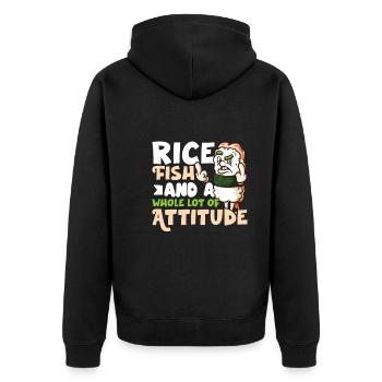Funny Unhappy Sushi Japanese food Miso-Unhappy - Unisex Premium Bio Zip Hoodie - Schwarz - Hinten - Nico (187cm)