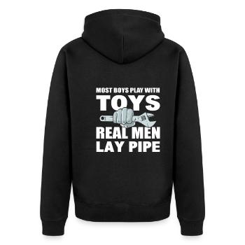 Echte Männer legen Pfeife Fitter dämpfen - Unisex Premium Bio Zip Hoodie - Schwarz - Hinten - Nico (187cm)