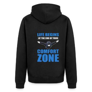 Life Begins At The End Of Your Comfort Zone - Unisex Premium Bio Zip Hoodie - Schwarz - Hinten - Nico (187cm)