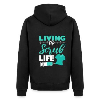 Living The Scrub Life Arzt - Unisex Premium Bio Zip Hoodie - Schwarz - Hinten - Nico (187cm)