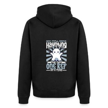 Bodybuilding Powerlifting Gewichtheben Fitness - Unisex Premium Bio Zip Hoodie - Schwarz - Hinten - Nico (187cm)