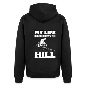 My Life Is Going Down The Hill Radfahrer - Unisex Premium Bio Zip Hoodie - Schwarz - Hinten - Nico (187cm)