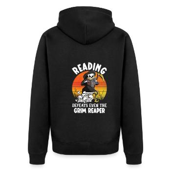 Reading Grim Reaper book lover literature, - Unisex Premium Organic Zip Hoodie - black - Back - Nico (187cm)
