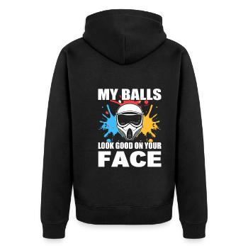 My Balls Look Good On Your Face Wettkampf - Unisex Premium Bio Zip Hoodie - Schwarz - Hinten - Nico (187cm)
