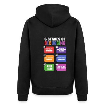 6 Stages Of Debugging IT-Spezialist - Unisex Premium Bio Zip Hoodie - Schwarz - Hinten - Nico (187cm)