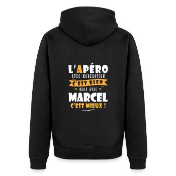Marcel Apero T shirt Humour personnalisé marcel - Veste à capuche bio Premium Unisexe - noir - Dos - Nico (187cm)