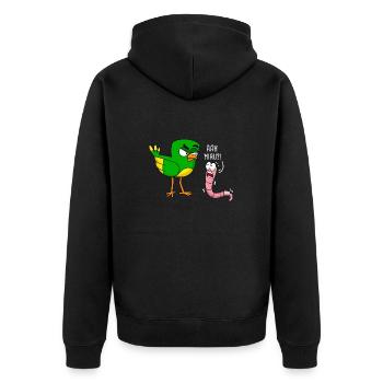 Wurm Vogel Carton Comic ÄÄH Miau - Unisex Premium Bio Zip Hoodie - Schwarz - Hinten - Nico (187cm)