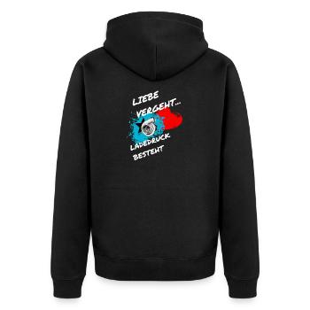 Ladedruck Besteht - Unisex Premium Bio Zip Hoodie - Schwarz - Hinten - Nico (187cm)