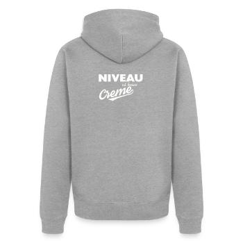 Niveau ist keine Creme - Unisex Premium Bio Zip Hoodie - Grau meliert - Hinten - Nico (187cm)