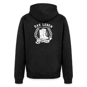 Landwirt Shirt · Landwirtschaft · Gummistiefel - Unisex Premium Bio Zip Hoodie - Schwarz - Hinten - Nico (187cm)