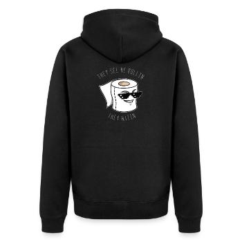 They See Me Rollin - Klopapier - Sonnenbrille - Unisex Premium Bio Zip Hoodie - Schwarz - Hinten - Nico (187cm)